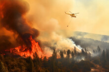 Firefighting Helicopter Carrying A Water Bucket On Its Route Across Smoke Filled Sky To Fight Forest Wildfire