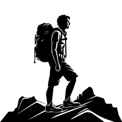 Hiker climber at mountain top summit black silhouette vector