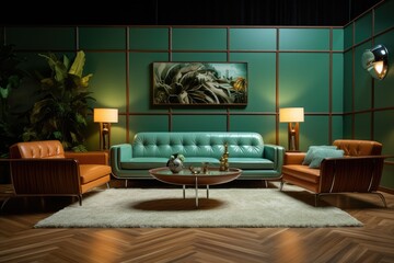 Wall Mural - The interior features a wood floor and a green wall adorned with a sofa and sideboard, all accented by a mint color.