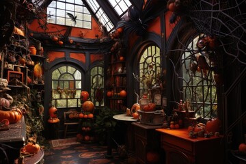 Sticker - The inside of the house is adorned with Halloween themed decorations such as pumpkins, spider webs, and spiders.