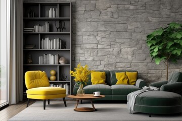 Wall Mural - The living room features an attractive grey stone wall, adding a decorative touch to the home interior design. The room is complemented by a yellow sofa chair and a bookshelf. A large green vase with