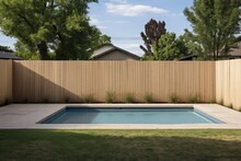 The Fenced Backyard Of A Newly Built House Features A Rectangular Swimming Pool With Tan Concrete Borders.