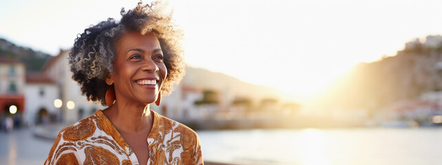 lifestyle portrait of happy mature black woman with curly gray hair walking along idyllic waterfront