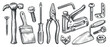 Working tools collection. Repair and construction supplies set. Sketch vintage vector illustration