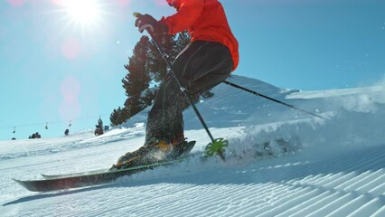 Wall Mural - Super Slow Motion of Off Piste Skier Running Down Hill. Sunny Day, Austria Alps, Europe. Filmed on High Speed Cinema Camera, 1000fps. Speed Ramp Effect.