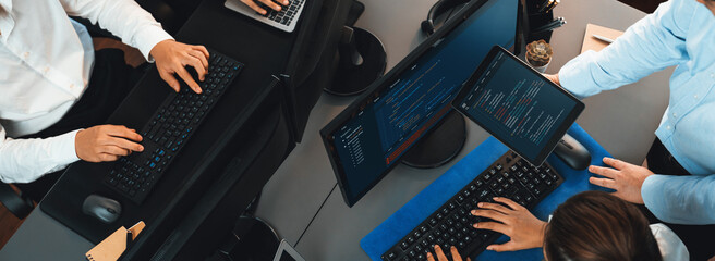 Wall Mural - software development team working together in office, coding script display on computer monitor. pro