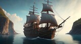 lonely pirate ship in a calm sea realistic. ai generation