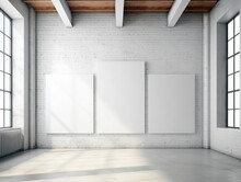 Three Blank White Posters In Loft Interior With Windows And Sunlight. Mock Up. Generative AI