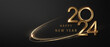 2024 Happy New Year background with golden waves swirl with golden sparkles on black background. Abstract shiny color gold wave premium holiday design element.