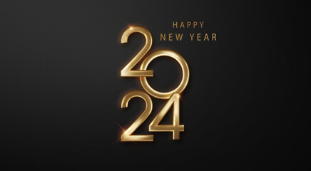 Wall Mural - Happy New Year 2024 shiny luxury gold realistic metal number Premium holiday design for poster, banner, greeting and New Year 2024 celebration