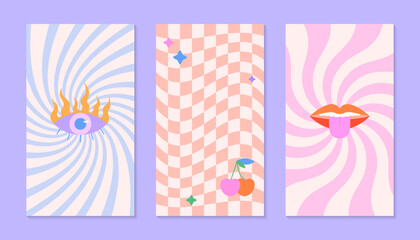 Wall Mural - vector insta story templates with evil eye,chess,lips with tongue out.smm banners in y2k aesthetic.9