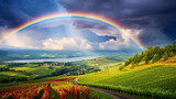 Fototapeta Tęcza - panoramic view with beautiful landscape and rainbow after rain. Generative Ai. 
