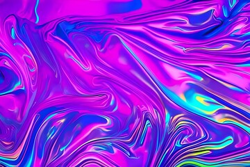 Abstract holographic background in 80s, 90s style. Modern bright neon colored crumpled metallic psychedelic holographic foil texture