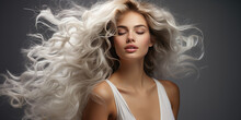 Glossy Wavy White Hair. Beautiful Girl With Long Blonde Hair On Dark Background. Digital Illustration