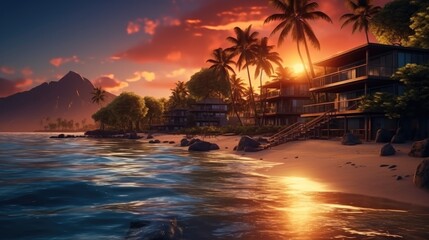 Luxury beach resort at sunset, Travel relaxing at the shore at dawn.