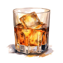 Highball Glass Of Whiskey With Ice In Watercolor Style Isolated On A Transparent Background, Generative Ai 