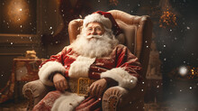 Adorable Santa Claus Sitting In Chair With Sack Full Of Presents. Vintage...