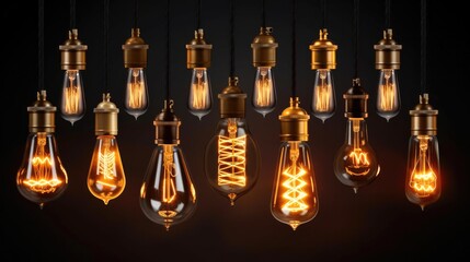 Decorative antique Edison style light bulbs, Different shapes of retro lamps on dark background.