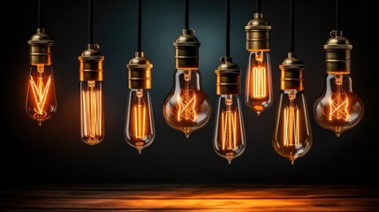 Wall Mural - Decorative antique Edison style light bulbs, Different shapes of retro lamps on dark background.