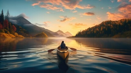 Wall Mural - Rear view of men riding canoe in stream.