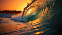 Big Waves, Surfing Wave Breaking In Ocean With Warm Sunset Light.