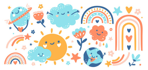 Hand drawn cute sky stickers : Earth planet, happy doodle sun, funny clouds, boho rainbow, flowers and stars. Funny collection of kind peaceful characters. Baby vector illustration
