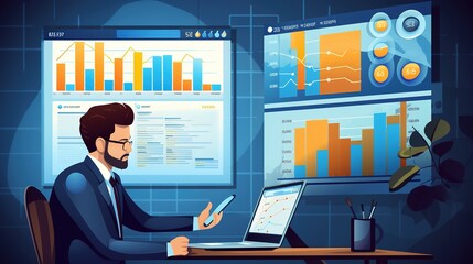 Wall Mural - Salesperson analyzes past sales problems and plans for the next quarter, Marketing staff analyzes figures from past sales plans and makes marketing plans, generative ai