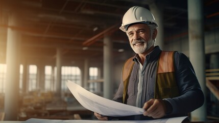 Wall Mural - portrait of an architect holding a blueprint at construction site