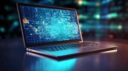 web development, programming concept. Abstract Laptop screen with programming language and code. Laptop and network icons for the company. Software technology process, generative ai