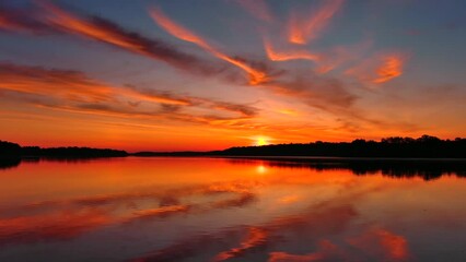 Wall Mural - Incredible red dawn sky reflected in tranquil waters, this is the Fox River in Wisconsin, moving low aerial perspective.