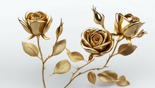 Golden Rose Buds And White Vines On 3D Gold Stems