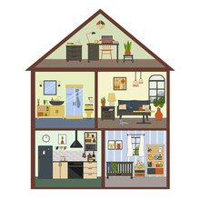 Sectional Plan Of The Doll House. Vector Flat Illustration With Outline. Living Room, Bathroom And Kitchen, Children Room And Study In The Attic. For Covers And Brochures, Games For Kids, Advertising 