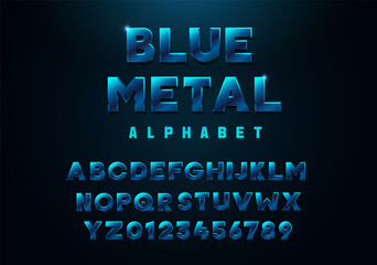 Wall Mural - Stylish 3D blue metallic alphabet font. Premium three dimensional typeface