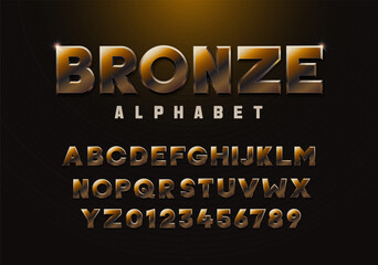 Bronze alphabet. Copper colored font 3d effect typography letters and numbers. Metallic luxury and premium three dimensional typeface
