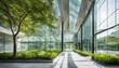 Leinwandbild Motiv Eco-Friendly Glass Office: Sustainable Building with Trees and Green Environment