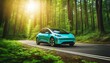 © ibreakstock - Eco Car on Forest Road: Sustainable Travel with Earth-friendly Energy