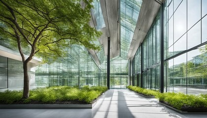 eco-friendly glass office: sustainable building with trees and green environment