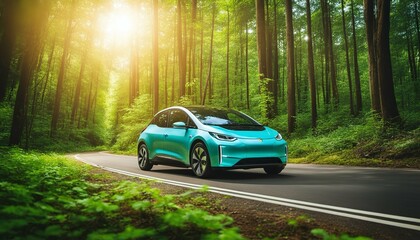 Eco Car on Forest Road: Sustainable Travel with Earth-friendly Energy