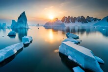 The Devastating Impact Of Global Warming Portrayed Through An Arctic Landscape, Polar Ice Caps Melting, Vast Blue Ocean With Icebergs Floating