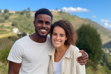 Wall Mural - Smiling mixed race young couple posing outside looking at the camera