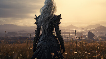 a woman from a fairy tale with white hair and fantasy armor in a field. back view. Generative AI