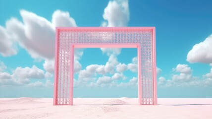 Wall Mural - 3d rendered Abstract aesthetic background. Surreal fantasy landscape. Water, pink desert, neon square shape chrome metallic gate under the blue sky with white clouds. Virtual reality wallpaper