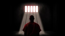 Prisoner In Jail Room With Window Light And Sunshine Rays. Criminal Hope And Freedom 
