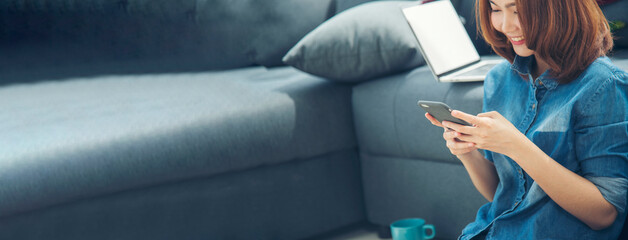 Banner woman hands using smartphone digital technology tablet. Hands women holding smart tablet touch screen shopping online, call, message. Close up woman using mobile at home office with copy space