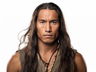 handsome adult young indigenous native north american model man from Cherokee tribe with makeup and jewelry with long hair. isolated on white studio background. professional model. Generative AI