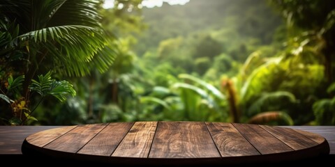 The empty rustic wooden table for product display with blur background of tropical jungle. Generative AI image AIG30.