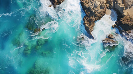 Wall Mural - Aerial view of large turquoise waters in a rocky formation