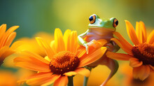 A Tiny Frog Hangs Delicately From A Flower