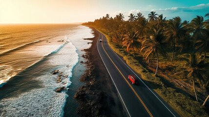 Wall Mural - Car on the Road with Palm Trees and a Sunrise View