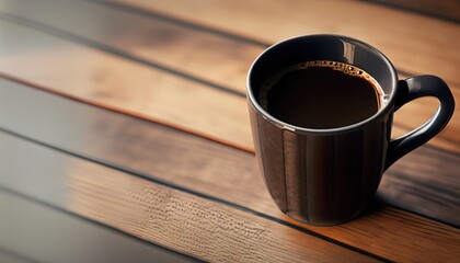 hot black coffee mug on wooden table , cozy warm mood , black and brown tones